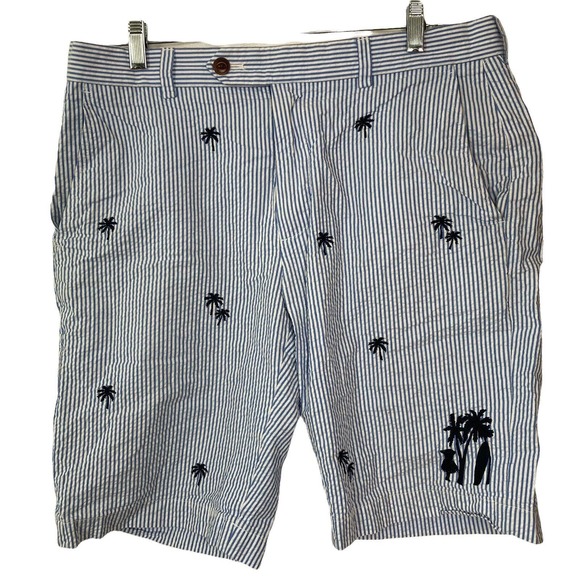 Brooks Brothers Seer Sucker Short Bermuda Hawaiian Striped Palm Tree Blue White - Picture 1 of 8